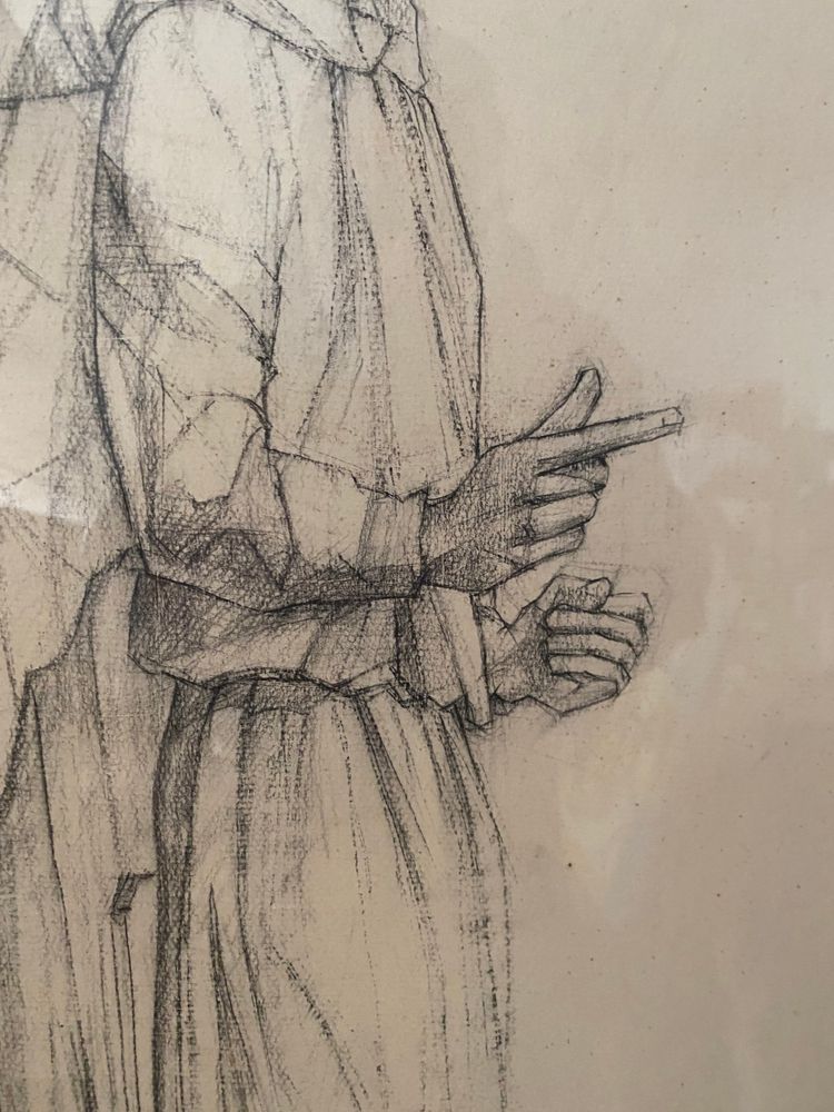 Dessin original au fusain Ange en robe drapée, style classique
