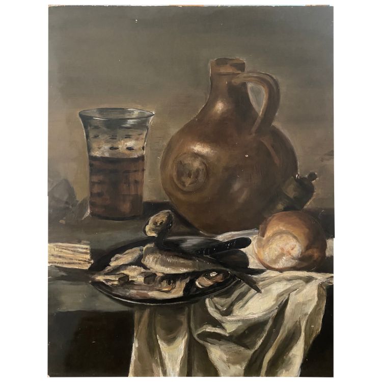 Nature morte à l’huile sur panneau – Scène de cuisine traditionnelle, XVIIe ou XVIIIe siècle