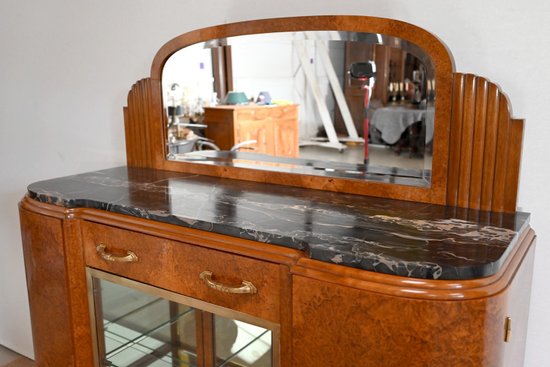Veneered sideboard with burr cedar and black marble, Maison Stourm - 1940