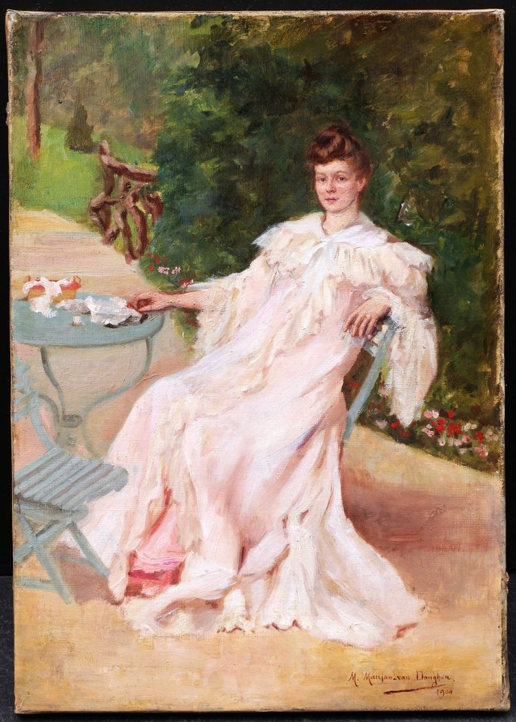 Mathilde Céline MAUJAN VAN DONGHEN, Porträt einer jungen Frau, die im Garten sitzt, Gemälde