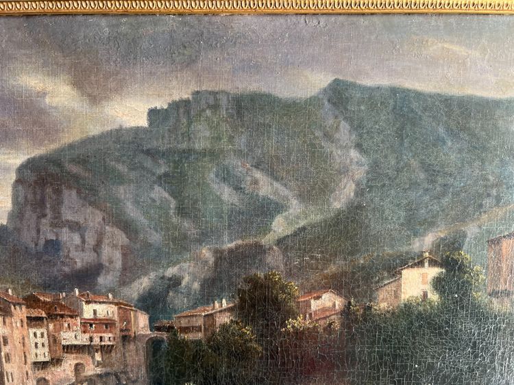 Öl auf Leinwand "Das Dorf in den Bergen" Signatur des Künstlers XX Jahrhundert
