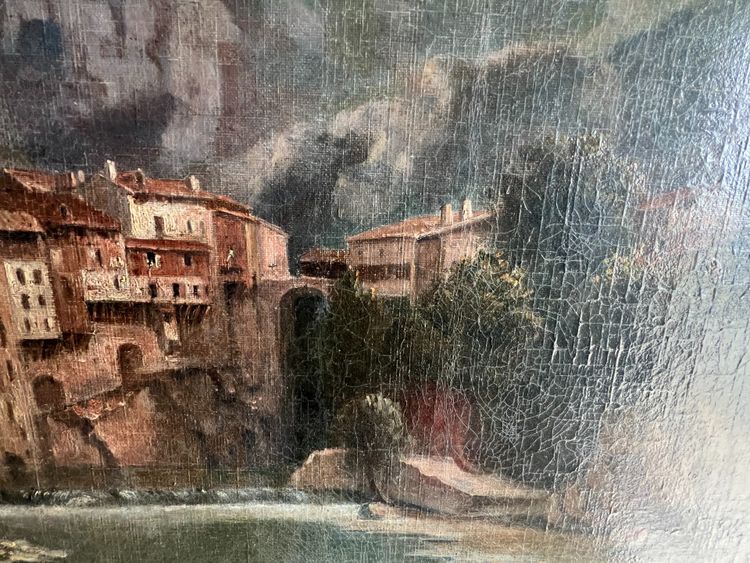 Öl auf Leinwand "Das Dorf in den Bergen" Signatur des Künstlers XX Jahrhundert