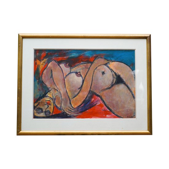 Pierre SUDRÉ, Donna nuda. Olio su carta sotto vetro