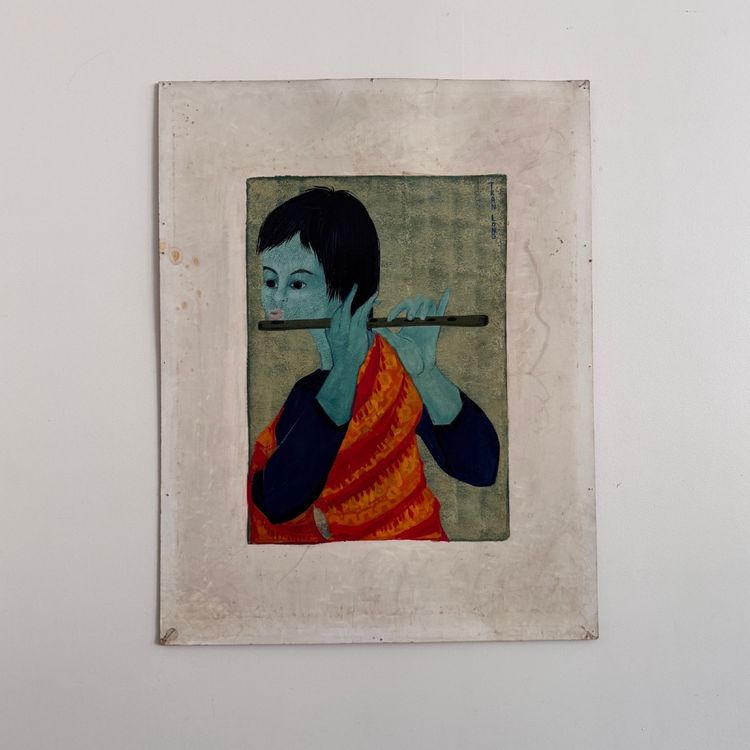 Acrylique sur papier joueur de flûte par Tran Long XXe