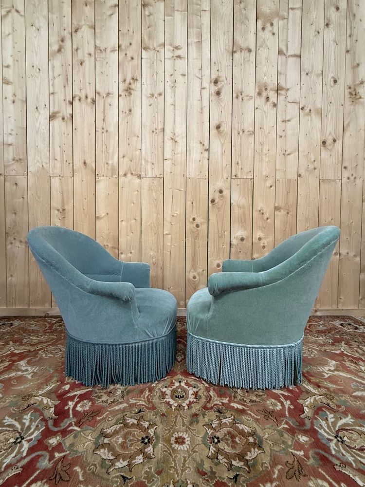 Gefälschtes Paar Krötensessel – entenblauer Samt – gemischte Beine, 19. Jahrhundert/1970