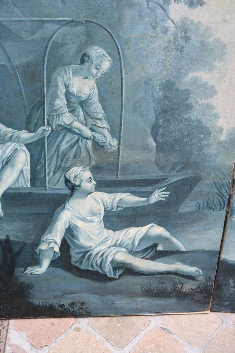 Coppia di tele in tonalità sfumate di blu, opera di Lancret, XVIII secolo
