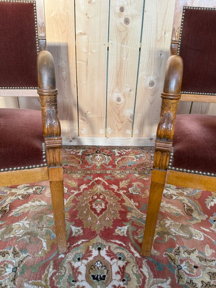 Coppia di poltrone stile Impero – Braccioli Delfino – Faggio e velluto