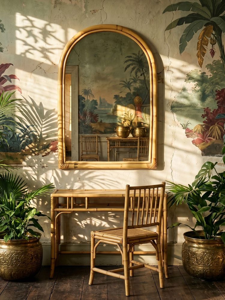 Grande specchio da parete a forma di arco in bambù, stile Riviera, anni '50-'60