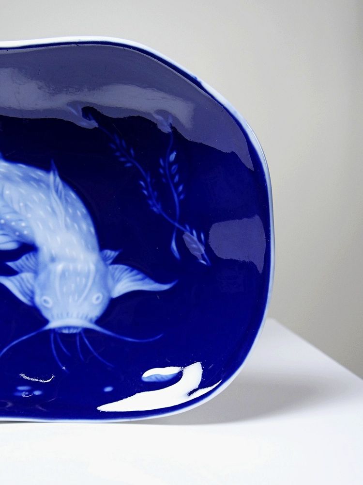Limoges blue-glazed porcelain trinket dish with Japanese-style fish design