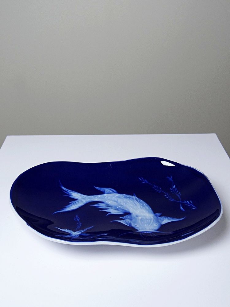 Limoges blue-glazed porcelain trinket dish with Japanese-style fish design