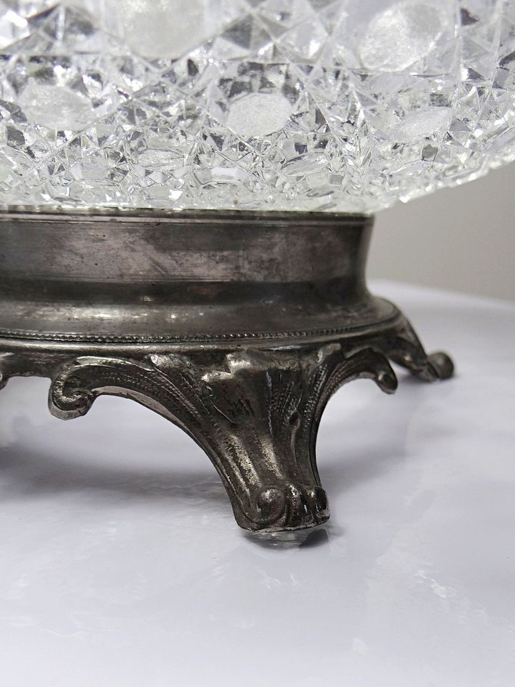 Antique pressed glass goblet with diamond-shaped tips, circa 1920–1950, on a pewter base