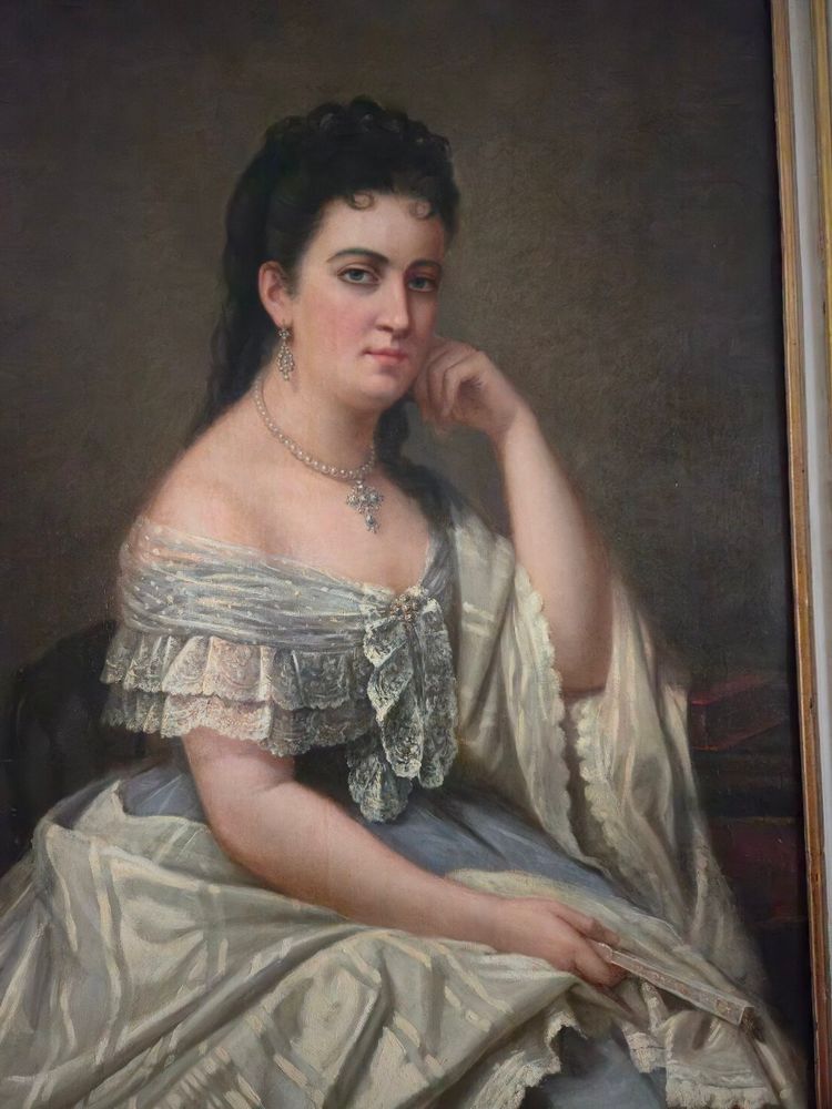 Charles Démory, Grande ritratto di una donna elegante nello stile dei ritratti di corte, circa 1870.