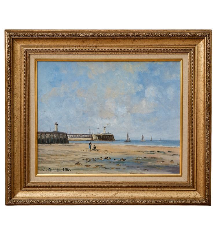 Christophe Rielland (XXᵉ siècle) – Vue de port et plage animée  Huile sur toile signée