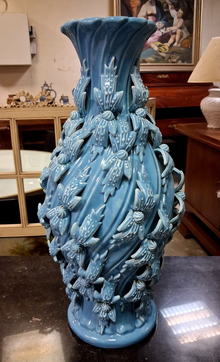 Large baluster-shaped ceramic vase from Maises, glazed in turquoise blue with a floral relief design