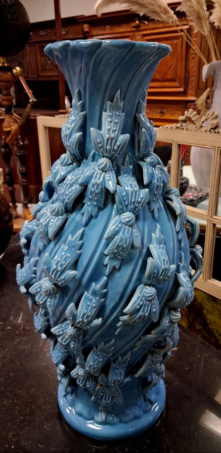 Large baluster-shaped ceramic vase from Maises, glazed in turquoise blue with a floral relief design