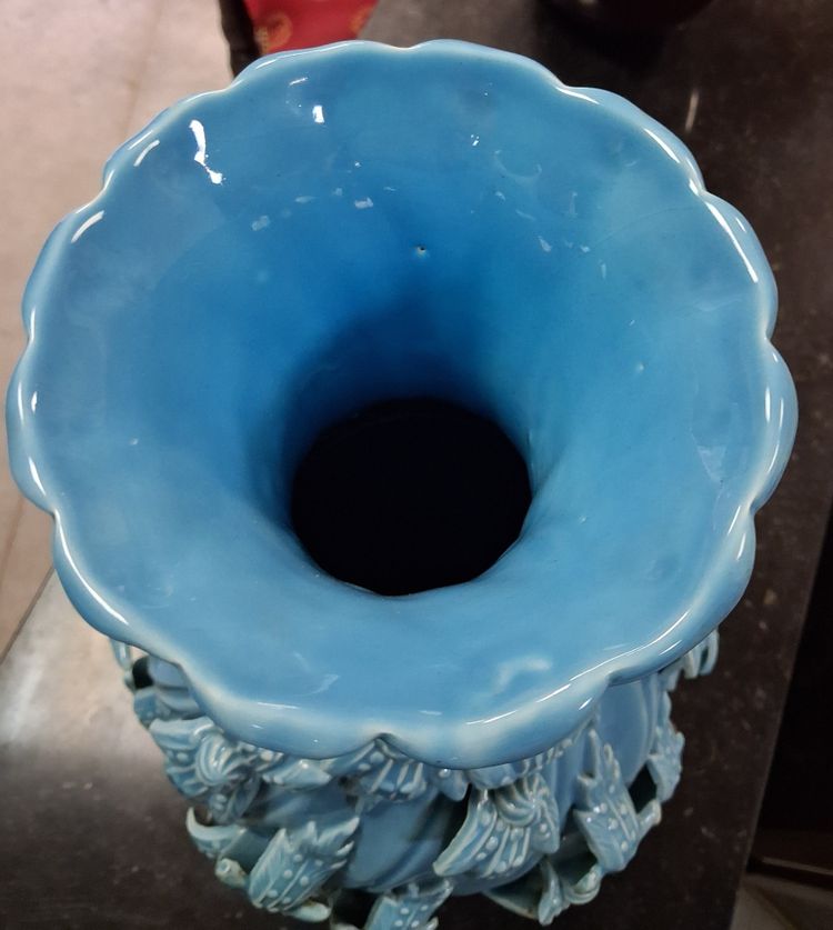 Large baluster-shaped ceramic vase from Maises, glazed in turquoise blue with a floral relief design