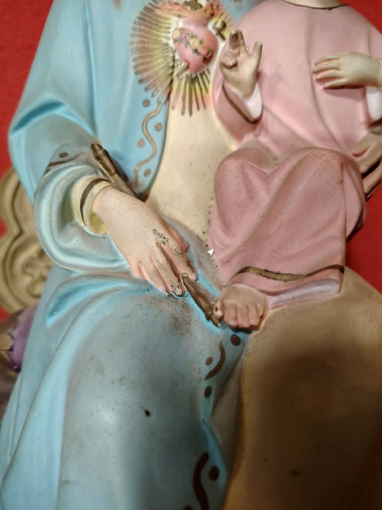 Vierge au Sacré-Cœur et l’Enfant Jésus – Statue en plâtre polychrome du XIXᵉ siècle