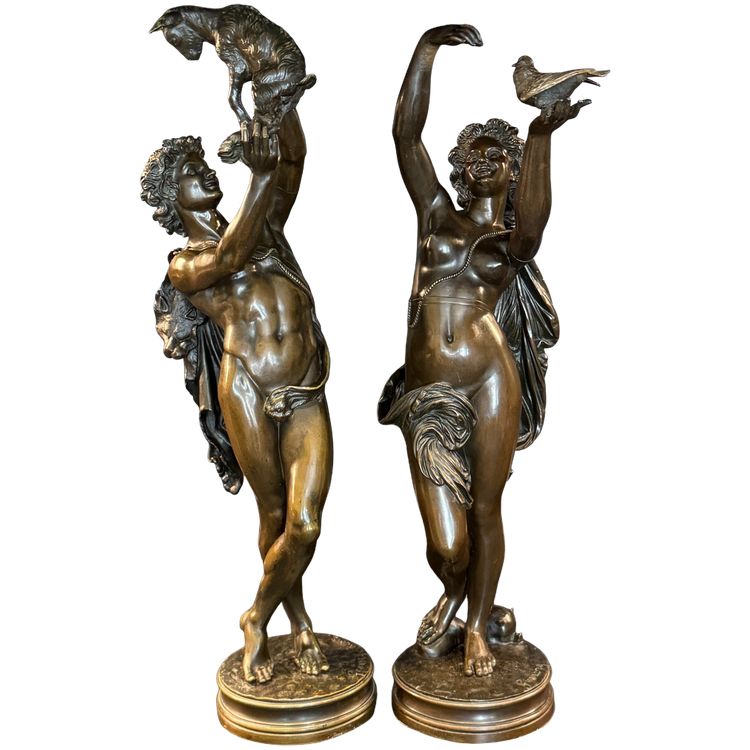 Paire de sculptures en bronze "Faune au chevreau" & "Femme à la colombe" Ch. GUMERY 