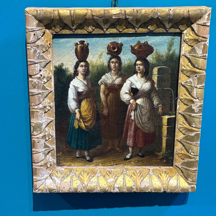 Huile sur toile ancienne, représentant trois femmes du peuple (Ciociaria, art populaire, 1868, dimensions : 27 x 25 cm).