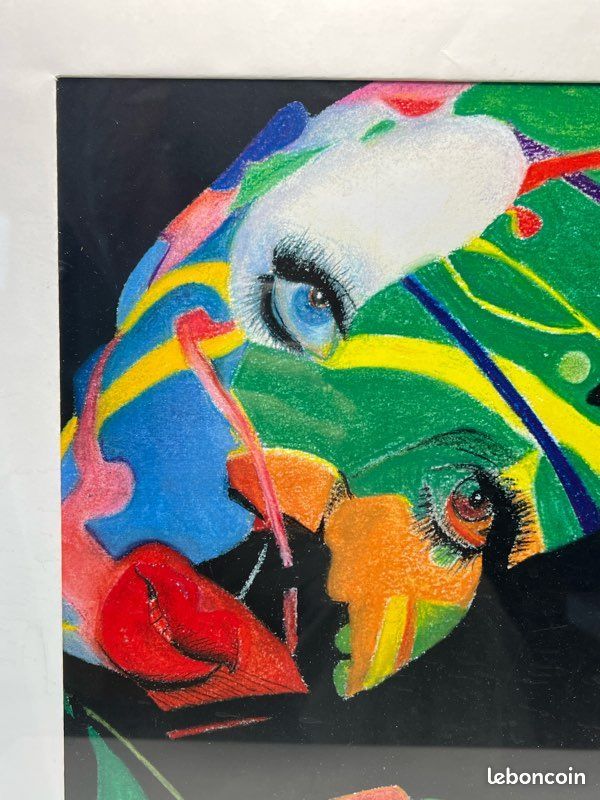 Tableau encadré portrait aux pastels – Art psychédélique contemporain – Œuvre originale datée 2011