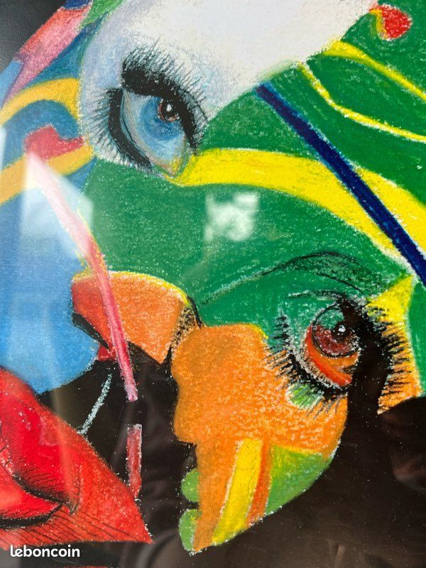 Tableau encadré portrait aux pastels – Art psychédélique contemporain – Œuvre originale datée 2011