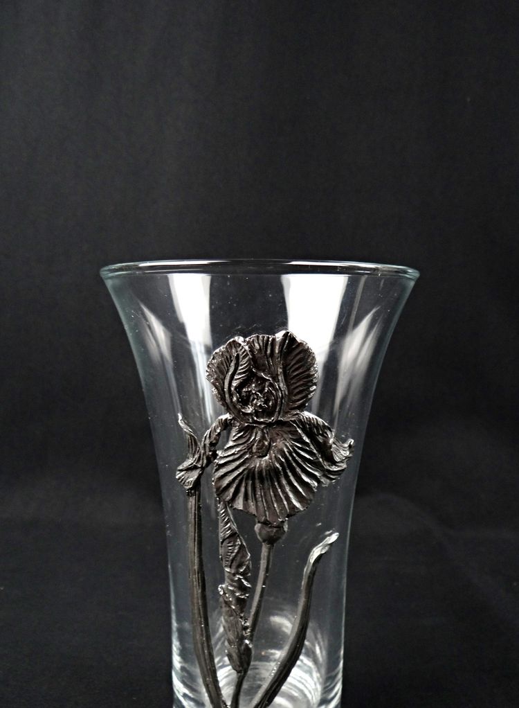 Glass vase with tin iris decoration in Art Nouveau style from the 1970s