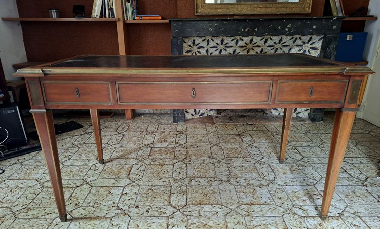 Large Parisian Flat Center Desk with Pull-Out Drawers, Louis XVI Style, Mahogany and Gilt Bronze, 19th Century