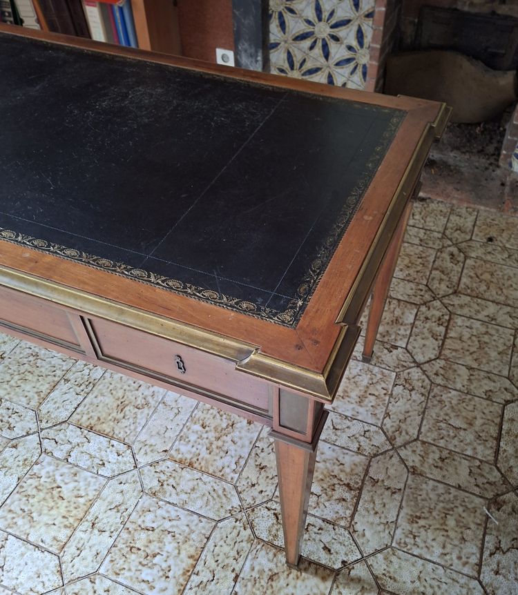 Large Parisian Flat Center Desk with Pull-Out Drawers, Louis XVI Style, Mahogany and Gilt Bronze, 19th Century