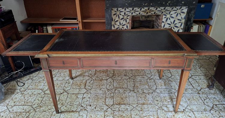 Large Parisian Flat Center Desk with Pull-Out Drawers, Louis XVI Style, Mahogany and Gilt Bronze, 19th Century