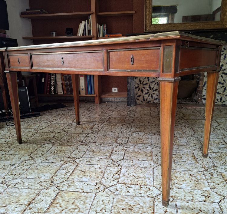 Large Parisian Flat Center Desk with Pull-Out Drawers, Louis XVI Style, Mahogany and Gilt Bronze, 19th Century