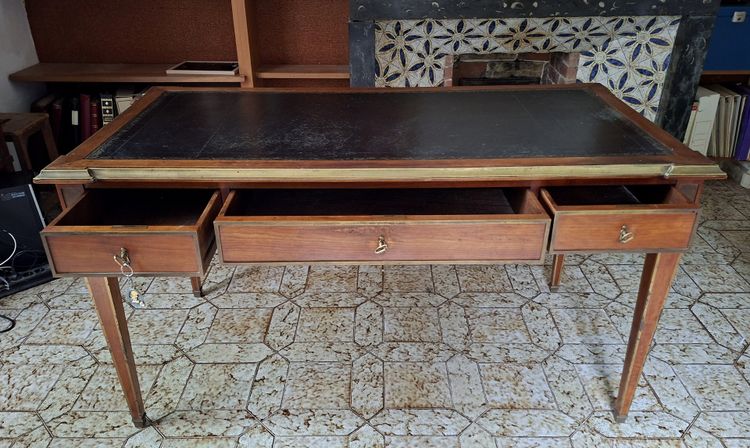 Large Parisian Flat Center Desk with Pull-Out Drawers, Louis XVI Style, Mahogany and Gilt Bronze, 19th Century