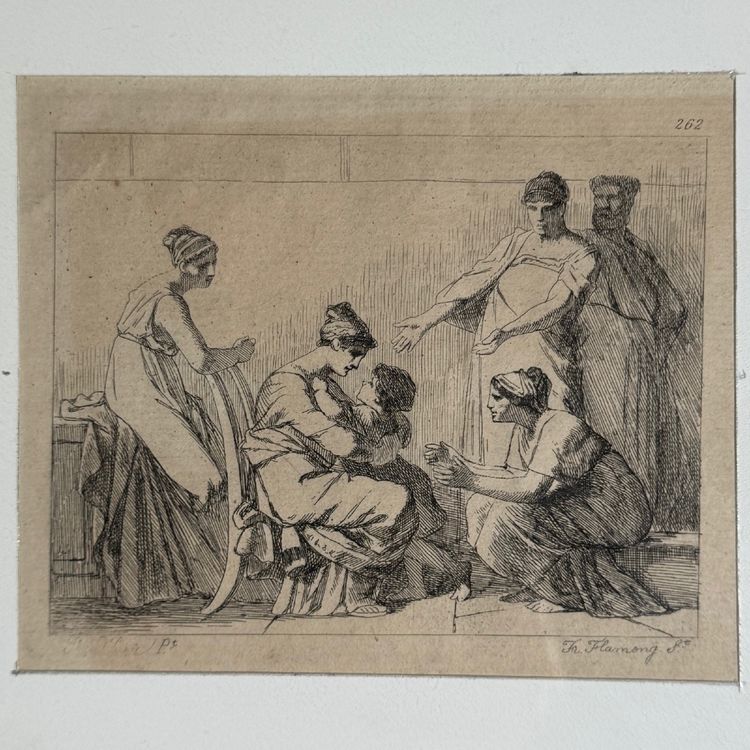Antique engraving by Leopold Flameng depicting a scene in the classical style