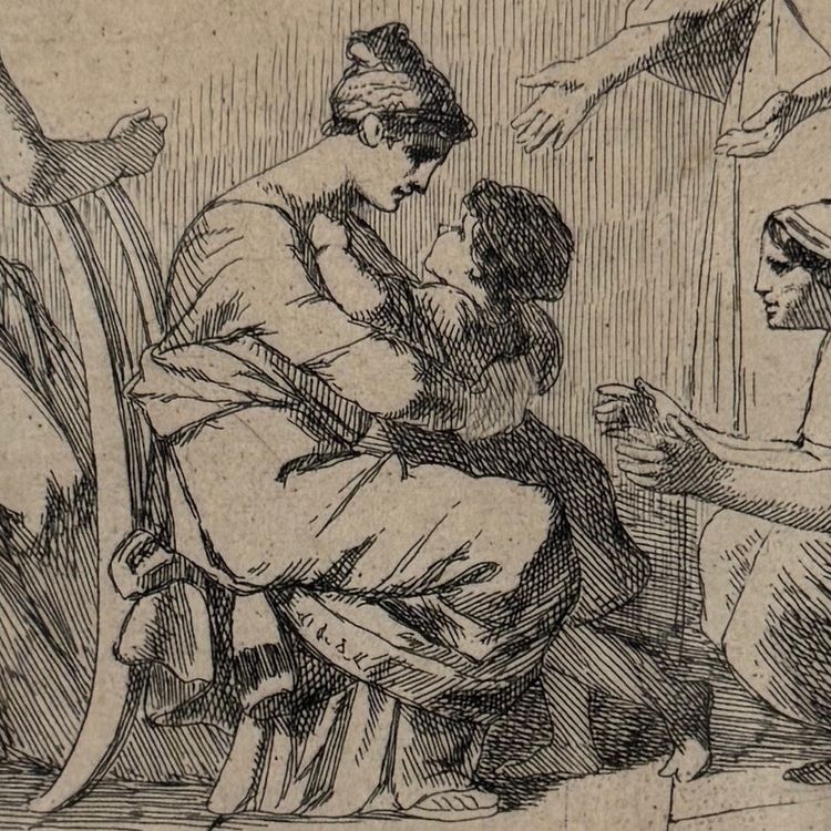 Antique engraving by Leopold Flameng depicting a scene in the classical style