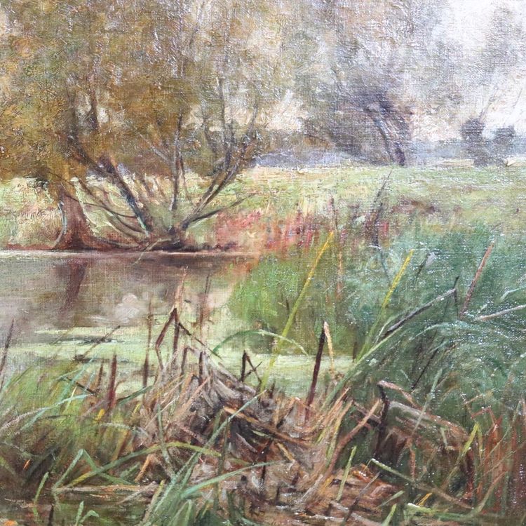 Landschaft mit Schwänen, Ölgemälde auf Leinwand, Englische Schule, 19. Jahrhundert