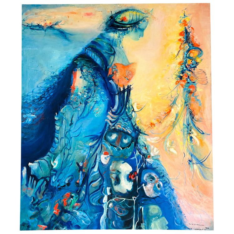 Julia Musson-Laboureau Grand Tableau Bleu Expressionniste signé 1982