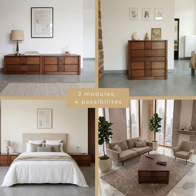 Ensemble de deux chevets, paire de tables de nuit,meuble modulable en table basse, enfilade, commode
