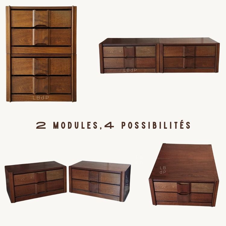 Set di due comodini, una coppia di tavolini da notte, mobili modulari che possono essere utilizzati come tavolino da caffè, credenza o cassettiera.