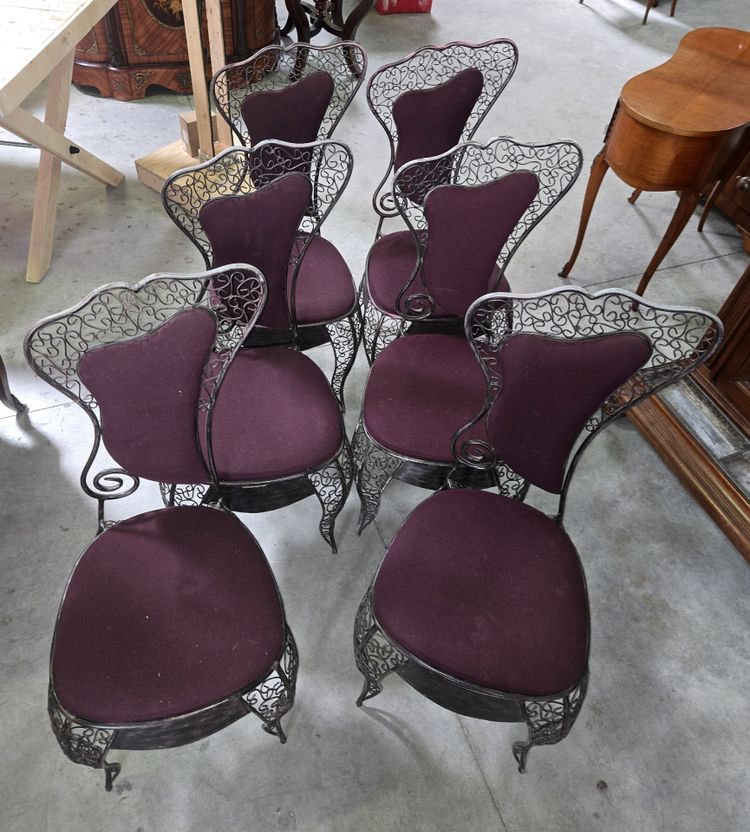 Suite de six chaises en fer forgé – Travail décoratif design 80'