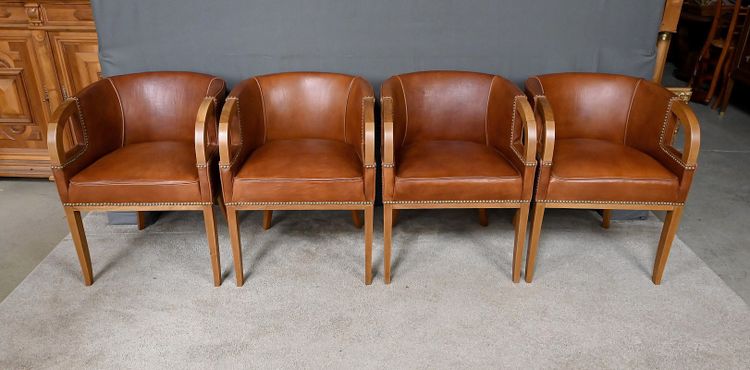 Set di 4 poltrone in noce e pelle, stile Art Déco - 1940