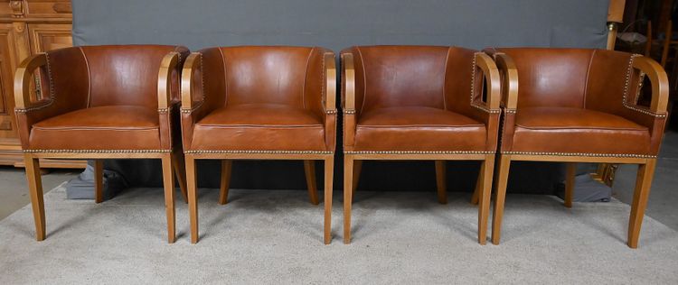 Set di 4 poltrone in noce e pelle, stile Art Déco - 1940