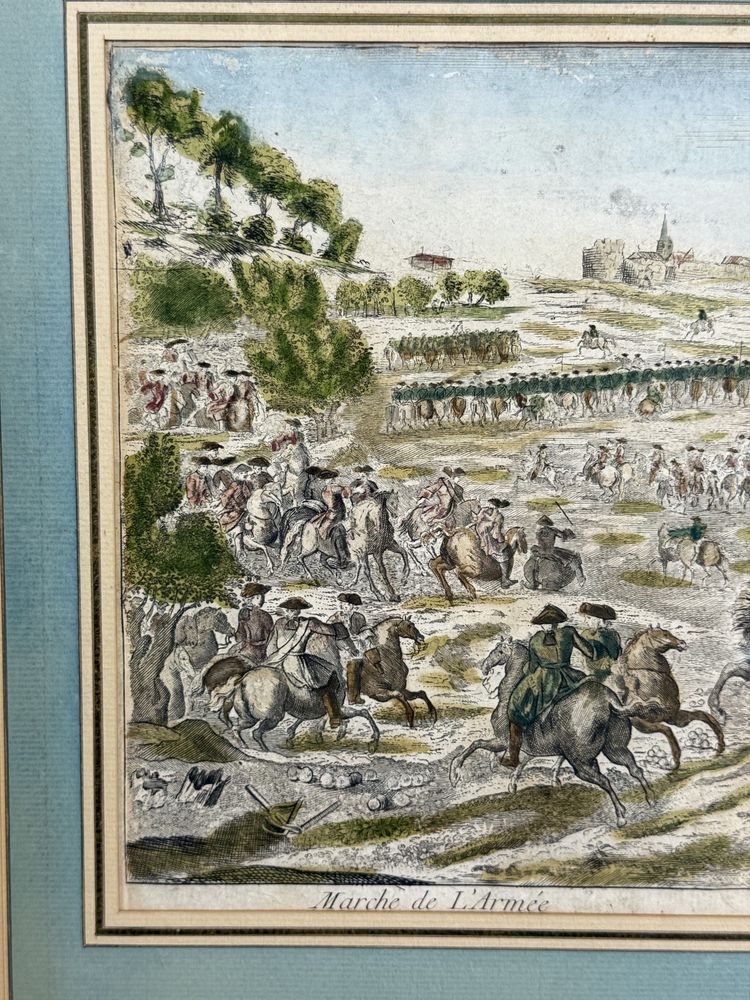 GRAVURE XVIIIe REHAUSSÉE A L AQUARELLE " MARCHE DE L ARMÉE " BIEN ENCADRÉ