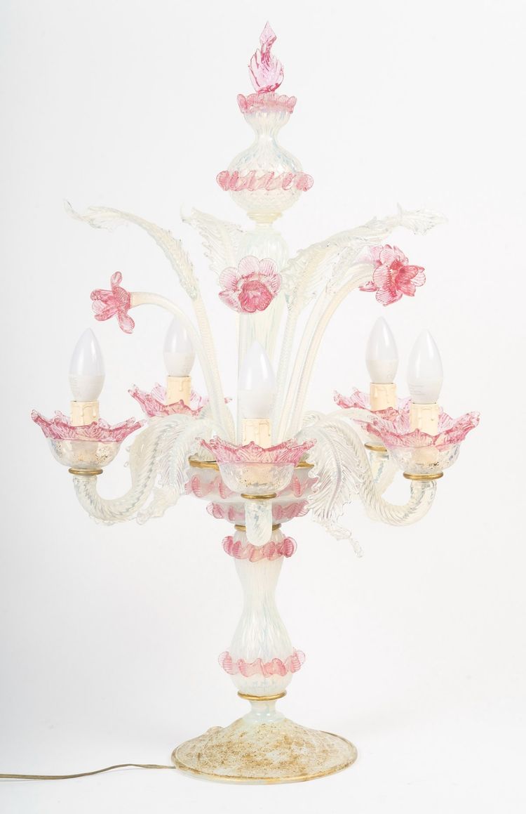 Candélabre vénitien en verre de Murano blanc et rose à 5 lumières
