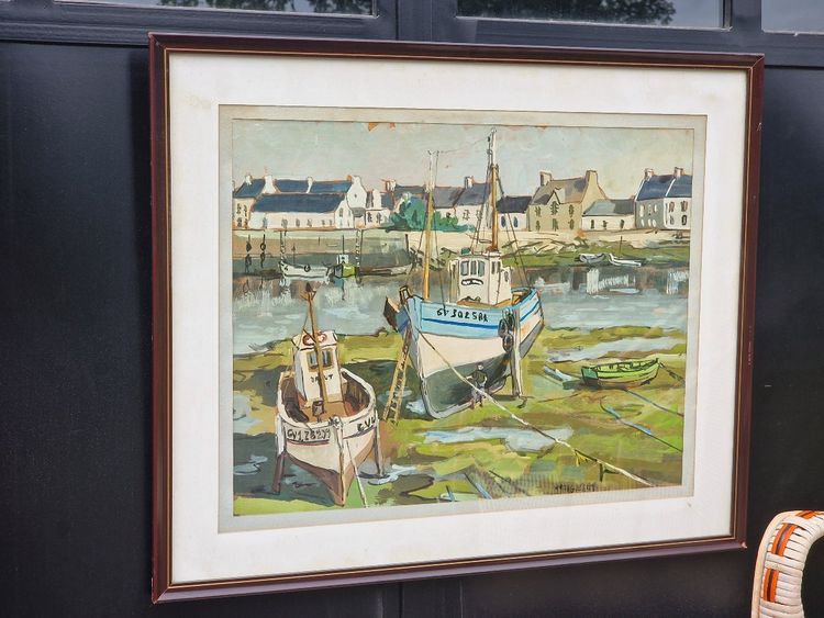 Painting by Michel Margueray: Boats in the port of Guilvinec at low tide, oil on cardboard