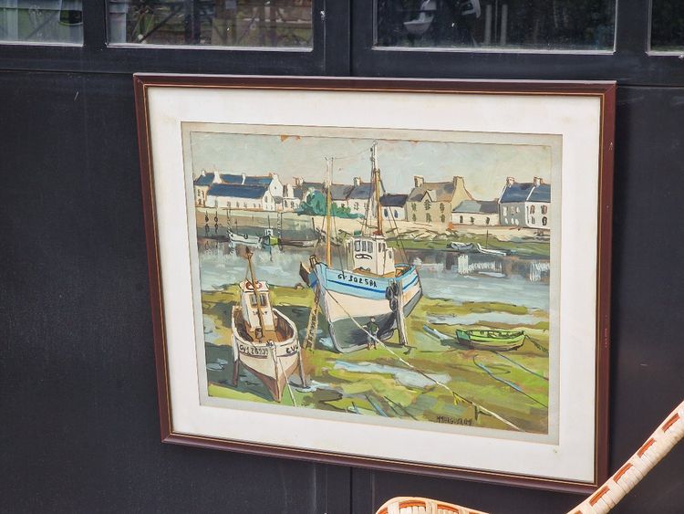 Painting by Michel Margueray: Boats in the port of Guilvinec at low tide, oil on cardboard