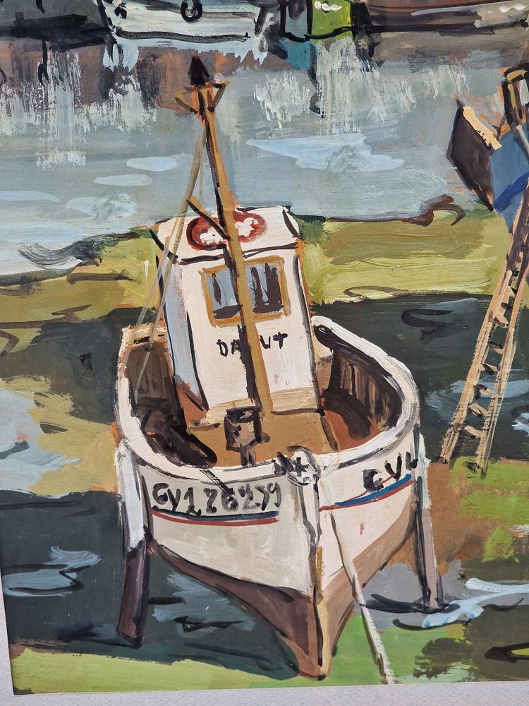 Painting by Michel Margueray: Boats in the port of Guilvinec at low tide, oil on cardboard