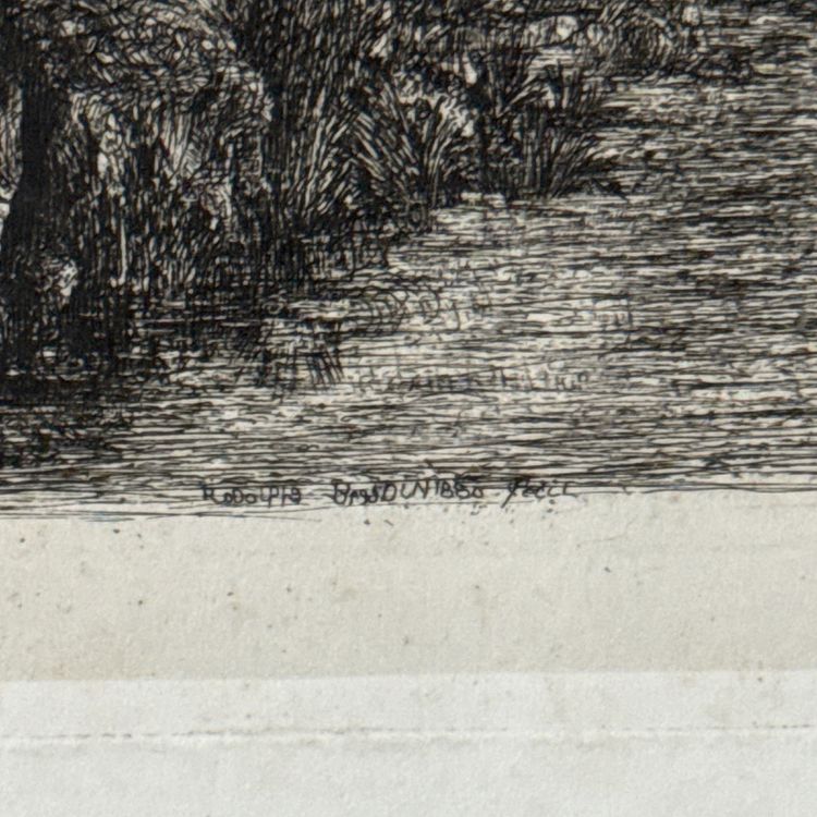 Antike Radierung von Rodolphe Bresdin, Wasserlauf, 19. Jahrhundert