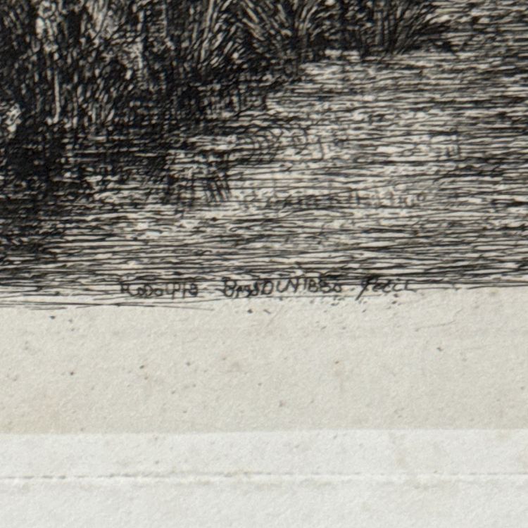 Antike Radierung von Rodolphe Bresdin, Wasserlauf, 19. Jahrhundert