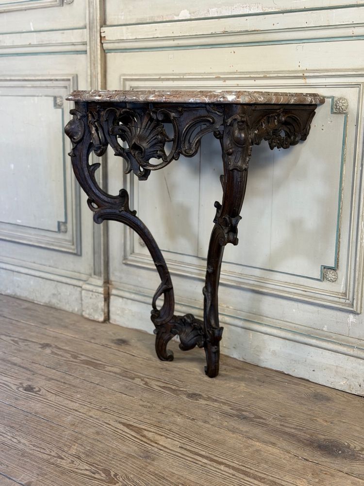 Louis XV style console in carved oak, black patina, 18th century