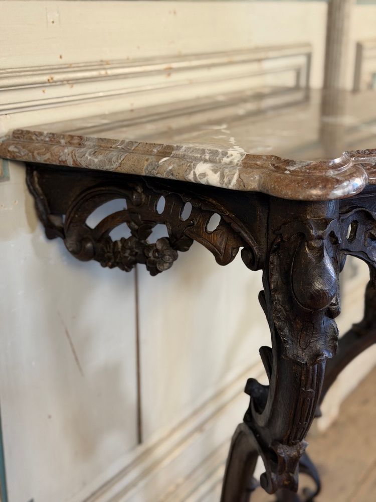 Louis XV style console in carved oak, black patina, 18th century