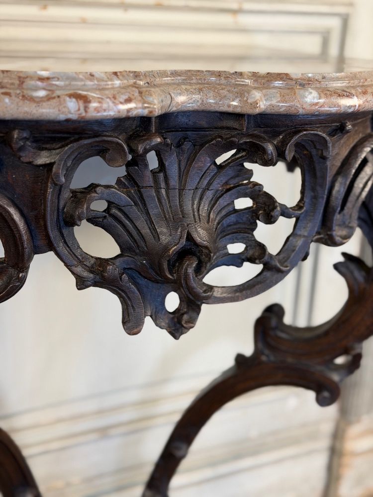 Louis XV style console in carved oak, black patina, 18th century